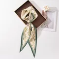 Elegant mulberry silk diamond scarf featuring a yellow daisy print and green striped border - 145x45cm / Green Small Floral