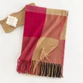 Elegant checkered imitation cashmere scarf with fringe tassels in red and tan plaid - 60*180cm / Rose & Camel