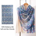 Elegant blue floral print 100% mulberry silk scarf for women shawl - 176*110cm / Blue Floral (FHZ25-90187-1)