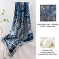 Navy blue mulberry silk scarf with intricate paisley pattern and hand-rolled edges - Hand Rolled Square Scarf / 132*132 / Navy Blue Neshang Yuhua