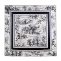 Elegant navy blue toile de jouy silk scarf with intricate jungle and castle print - 105*105cm / Navy Jungle Castle II (FHZ25-90026-1)