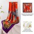 Luxury orange mulberry silk scarf with elegant porcelain pattern and hand-rolled edges - Hand Rolled Square Scarf / 132*132 / Orange