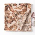 Large tropical leaf print shawl with cotton-linen texture for vacation sun protection - 90x190cm / Orange