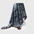 High-end blue and white silk wool square scarf with hand-rolled orange contrast edges - Mystic Pattern (Style 1) / Blue