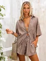 Model showcasing a brown and white striped satin two-piece shirt and shorts set - S / Top And Bottom / Brown Stripes