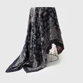 Luxury navy silk wool square scarf featuring intricate double-sided ethnic geometric print - Mystic Pattern (Style 4) / Navy Blue and Red