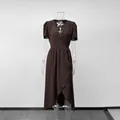 Elegant brown short-sleeved V-neck midi dress with wrap design and textured fabric - S / Dresses / Dark Brown
