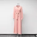 Elegant pink long-sleeved wrap maxi dress with waist tie, minimalist autumn loungewear - Dresses / Pink