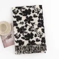 Elegant black and white vintage floral print imitation cashmere shawl with soft fringe detail - 180x65cm / Black