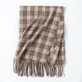 Vintage Maillard brown and beige plaid scarf with tassels for winter warmth and style - Camel Beige Plaid
