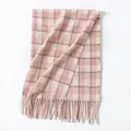 Warm pink and beige plaid winter scarf featuring decorative tassels and soft texture - Pink & Beige Plaid