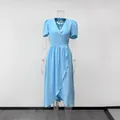 Elegant sky blue V-neck short-sleeved MIDI dress featuring a ruffled hem and wrap style - S / Dresses / Sky Blue