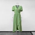 Elegant green short sleeve wrap midi dress for women summer style with high waist - S / Dresses / Green