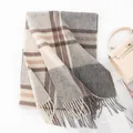 Elegant grey and white plaid wool scarf with fringes for premium winter warmth and style - Grey Plaid