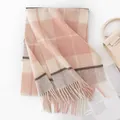 Elegant pink and grey plaid wool scarf for women featuring soft cashmere feel and fringe - Pink Plaid
