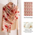 Premium mulberry silk scarf for women featuring elegant red floral pattern and soft texture - 176x110cm / Red Small Flower Branch (FHZ25-9872)