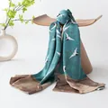 Luxurious silk scarf with turquoise crane print and traditional Chinese architecture - 52*175 / Blue Auspicious Crane Pattern
