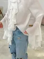Elegant French style white ruffled long sleeve chiffon blouse with delicate flounce detail - S / Tops / White