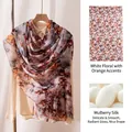 Elegant mulberry silk scarf with small orange floral print, lightweight summer travel wrap - 176x110cm / White Background Small Orange Flower (FHZ25-9865)
