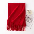 Premium solid red wide wool shawl with elegant long fringe details for winter warmth - 70*200cm / China Red