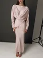 Elegant pink satin long-sleeve evening gown featuring a sophisticated draped wrap waist - S / Top And Bottom / Pink