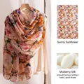 Sciarpa in seta di gelso con stampa floreale girasole per donna, scialle lungo - 176x110cm / Girasole Soleggiato (FHZ25-9868)