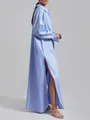Elegant light blue long sleeve maxi shirt dress with high side slit detail for beach - One Size / Blue
