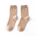 Premium camel-colored warm cashmere wool socks for winter featuring ribbed cuffs. - Contrast Stitching (FHY25-7078-3) / Green With Purple Edge