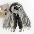 Elegant grey and black gradient winter scarf with fringe detail, soft imitation cashmere shawl - Ombre Dark Gray Style