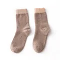 Premium warm brown cashmere wool mid-calf socks with elegant beige ribbed cuffs for winter - Contrast Stitching (FHY25-7078-4) / Purple With Green Edge