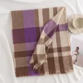 Cozy winter warm plaid scarf in purple and brown tones with elegant fringe detail - Purple Plaid (FH23-5457-2)