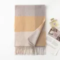 Elegant large checkered cashmere scarf in yellow and grey palette with fringe detail - Yellow White Plaid