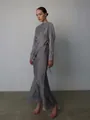 Elegant silver satin evening dress set with long sleeves and a long flowing skirt - S / Top And Bottom / Gray