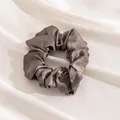 Premium grey silk satin large hair scrunchie featuring elegant folds on soft white silk background - L / Dark Gray