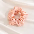 Elegant peach silk scrunchie featuring a soft ruffled texture on white draped fabric - L / Pink
