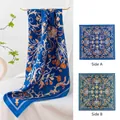 Blue mulberry silk square scarf featuring double-sided floral patterns and twill texture - Hand-Rolled Edge - Gift Boxed / Secret Whisper Deep Blue