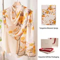 Elegant mulberry silk scarf with orange floral print and premium gift box packaging - 170x55cm Gift Box Set / Orange Buds