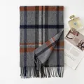 High-end checkered grey and orange 100% cashmere scarf with elegant fringe detail - FHY25-7136-1 Grey Blue Orange Check