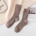 Pair of thick 100% cashmere crew socks in solid brown ribbed texture for winter - One Size / New Camel