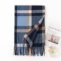Elegant navy and light blue plaid faux cashmere scarf with fringe details for autumn - 65*200cm / -1 Blue Plaid