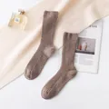 Warm 100% cashmere ribbed crew socks in brown for men and women, cozy winter style - Ribbed Stripe (FHY25-7158-2)