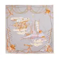 Elegant hand-rolled mulberry silk square scarf with fantasy airship print in grey - 86*86cm / Time Spaceship (FHZ25-9822-1)