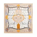 Luxury mulberry silk scarf with elegant heart and floral illustration in yellow and blue - 86x86cm / Khaki