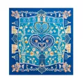 Elegant blue silk scarf featuring heart and floral patterns with hand-rolled edges. - 86x86cm / Blue