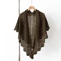 Olive green pure cashmere knitted triangle shawl with elegant hollow pattern - Geometric Blue / Army Green
