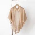 Elegant beige 100% cashmere hollow-out knitted triangle shawl for women. - Cyan