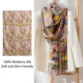 Elegant 100% mulberry silk long scarf with vibrant floral print for women - 176*110cm / Yellow Graffiti Floral