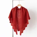 Red 100% pure cashmere knit shawl with French hollow-out triangle pattern - Brick Red