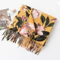 Elegant women's soft warm shawl with yellow floral print and stylish tassels design - 68x180cm + 10cmx2 Tassels / Yellow Lotus