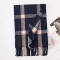 Elegant navy blue and white checkered winter scarf with fringed tassels for women - 67x200cm / Navy Plaid